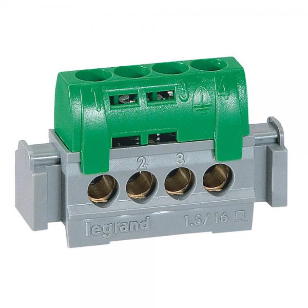 Photo Bornier de rpartition isol IP2X terre - 4 connexions 1,5-16mm- vert long.47mm | Ref : 004830