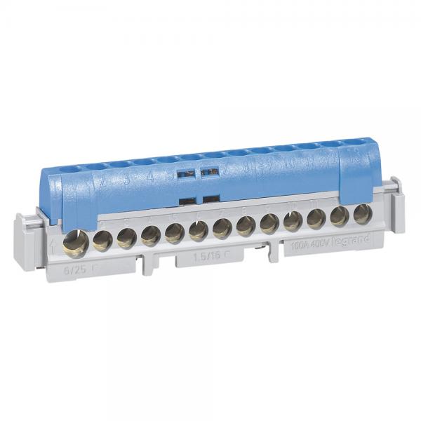 Photo Bornier de rpartition isol IP2X neutre 1 connexion 6  25mm - bleu - 113mm | Ref : 004844