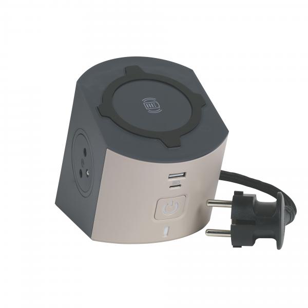 Photo Station de charge 2x2P+T. chargeur sans fil. USB A+C et cordon 2m - taupe/gris | Ref : 049402