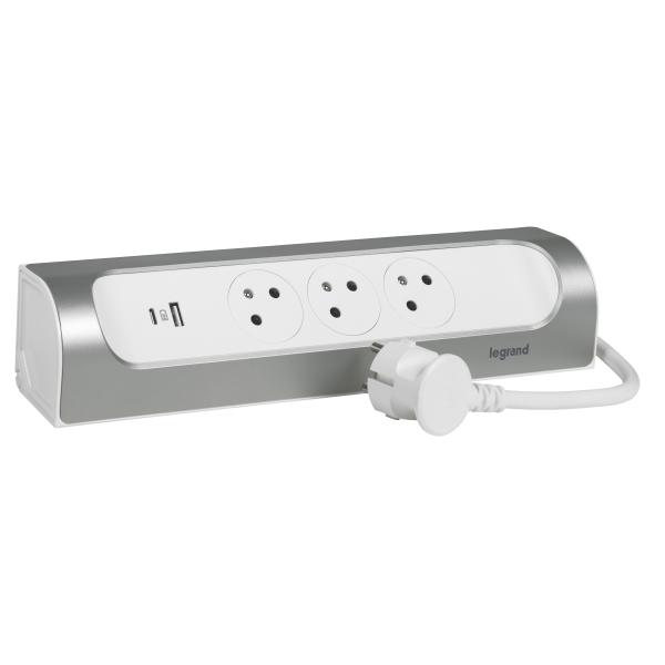 Photo Rallonge d\'angle 3x2P+T Surface et USB A+C avec cordon 1m - blanc/alu | Ref : 049406