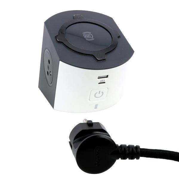 Photo Station de charge 2x2P+T. chargeur sans fil . USB A+C et cordon 2m - blanc/gris | Ref : 049412