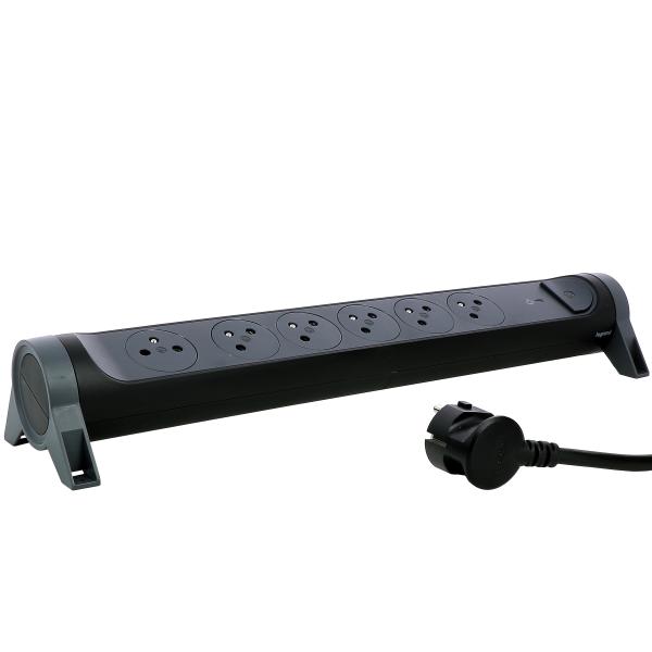 Photo Rallonge 6x2P+T Surface avec inter. parafoudre et cordon 1.5m - noir/gris | Ref : 049427