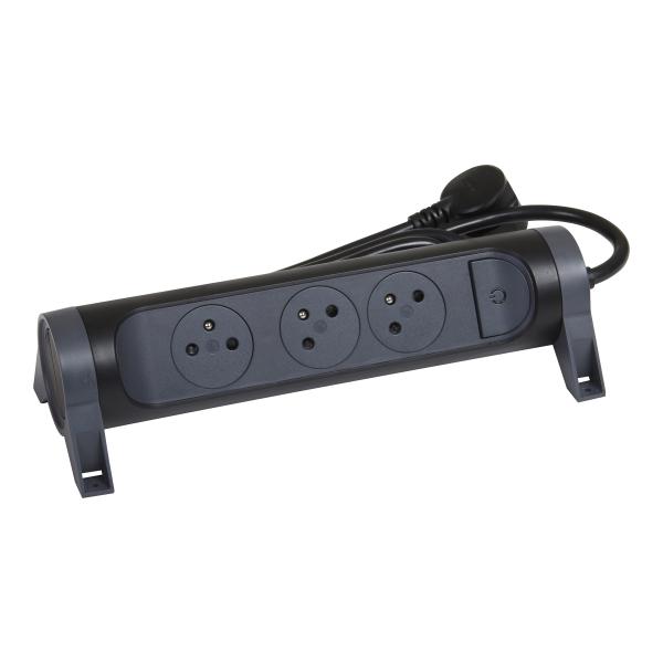 Photo Rallonge 3x2P+T Surface avec interrupteur et cordon 1.5m 3G 1mm - noir/gris | Ref : 049444