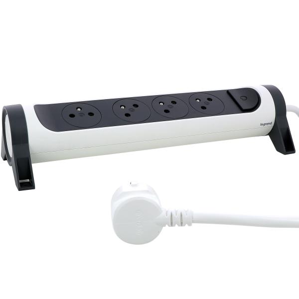 Photo Rallonge 4x2P+T Surface avec interrupteur et cordon 1.5m 3G 1mm - blanc/gris | Ref : 049446