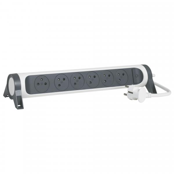 Photo Rallonge 6x2P+T Surface avec interrupteur et cordon 1.5m 3G 1mm - blanc/gris | Ref : 049454