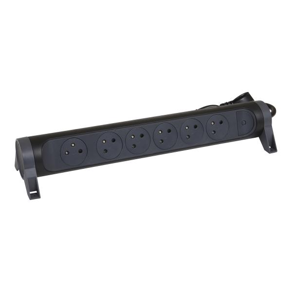 Photo Rallonge 6x2P+T Surface avec interrupteur et cordon 1.5m 3G 1mm - noir/gris | Ref : 049456