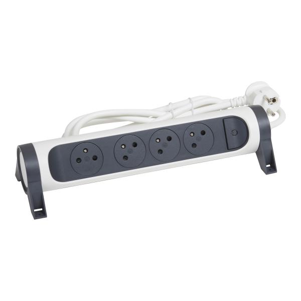 Photo Rallonge 4x2P+T Surface avec interrupteur et cordon 3m 3G 1.5mm - blanc/gris | Ref : 049459