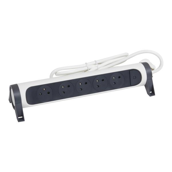 Photo Rallonge 5x2P+T Surface avec interrupteur et cordon 3m 3G 1.5mm - blanc/gris | Ref : 049461