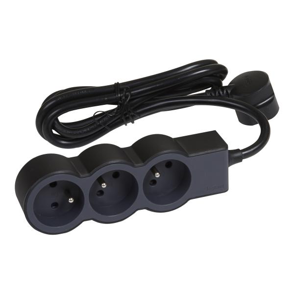 Photo Rallonge 3x2P+T avec cordon 1.5m 3G 1mm - noir/gris fonc | Ref : 049472