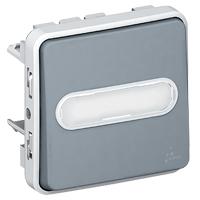 Photo Poussoir NO lumineux étanche avec porte-étiquette Plexo composable IP55 10A gris | Ref : 069543