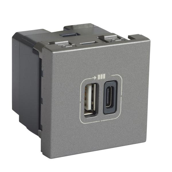 Photo Chargeur USB Type - A + USB Type - C 3A 15W Mosaic 2 modules 230V ou 5V=  -  alu | Ref : 079392