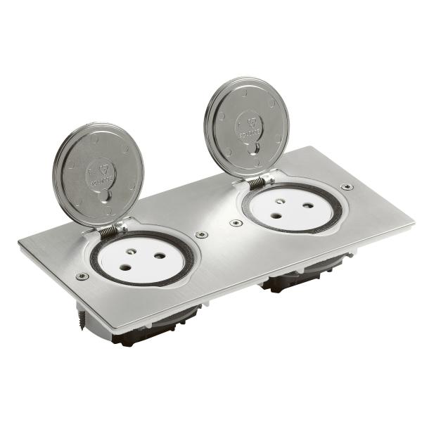 Photo Prise de sol double 2P+T Surface 16A 250V avec platine rectangulaire - inox brossé | Ref : 089768