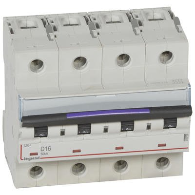 Photo Disjoncteur DX 50kA arrive haute et dpart bas  vis 4P 400V~  -  16A  -  courbe D  -  6 modules | Ref : 410226