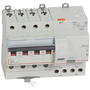Photo Disjoncteur diffrentiel monobloc DX6000 10kA arrive haute vis dpart haut automatique 4P 400V~  -  63A  -  typeAC 300mA | Ref : 411222