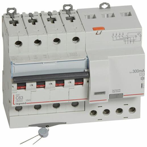 Photo Disjoncteur diffrentiel monobloc DX6000 10kA arrive haute et dpart bas  vis 4P 400V~  -  63A  -  typeAC 300mA | Ref : 411211