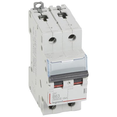 Photo Disjoncteur DX6000 10kA arrive haute et dpart bas  vis 2P 230V~  400V~  -  63A  -  courbe B  -  2 modules | Ref : 407500