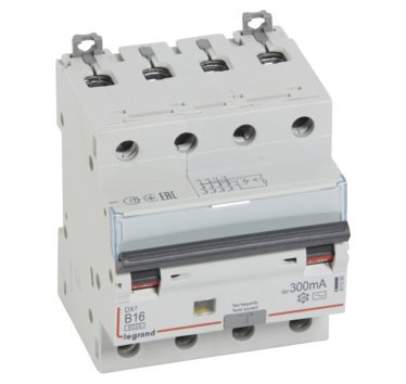 Photo Disjoncteur diffrentiel monobloc DX6000 10kA arrive haute dpart bas  vis 4P 400V~  -  16A  -  typeAC 300mA  -  courbe B | Ref : 411359