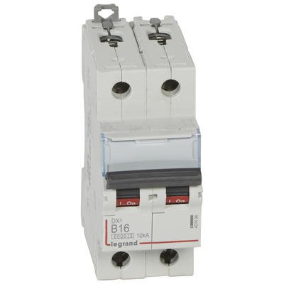 Photo Disjoncteur DX6000 10kA arrive haute et dpart bas  vis 2P 230V~  400V~  -  16A  -  courbe B  -  2 modules | Ref : 407494