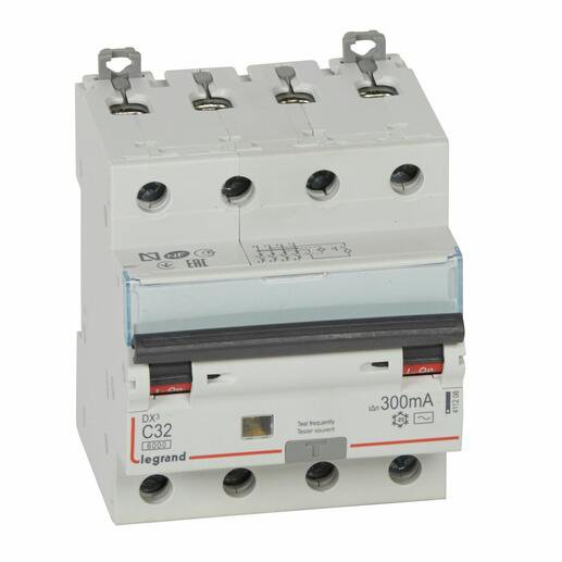 Photo Disjoncteur diffrentiel monobloc DX6000 10kA arrive haute et dpart bas  vis 4P 400V~  -  32A  -  typeAC 300mA | Ref : 411208
