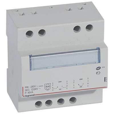 Photo Transformateur de scurit 230V vers 12V ou 24V  -  40VA  -  5 modules | Ref : 413097