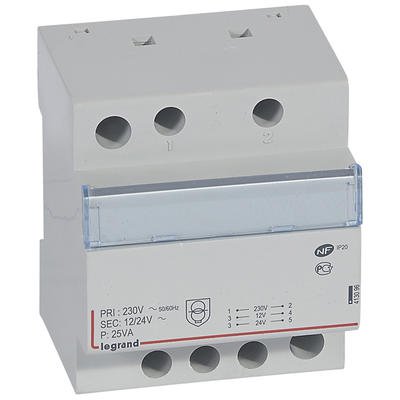 Photo Transformateur de scurit 230V vers 12V ou 24V  -  25VA  -  4 modules | Ref : 413096