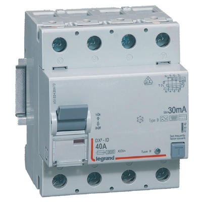 Photo Interrupteur diffrentiel DX - ID arrive haute et dpart bas  vis  -  4P 400V~ 40A typeB 30mA  -  4 modules | Ref : 411846