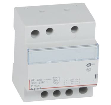 Photo Transformateur de scurit 230V vers 12V ou 24V  -  16VA  -  4 modules | Ref : 413095