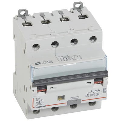 Photo Disjoncteur différentiel monobloc DX³6000 10kA arrivée haute et départ bas à vis 4P 400V~ - 25A - typeF 30mA | Ref : 411246