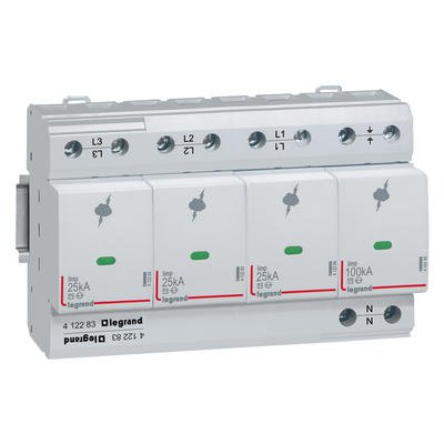 Photo Parafoudre pour protection des installations de risque trs lev typeT1 + typeT2 Iimp 25kA/ple  -  3P+N  -  8 modules | Ref : 412283
