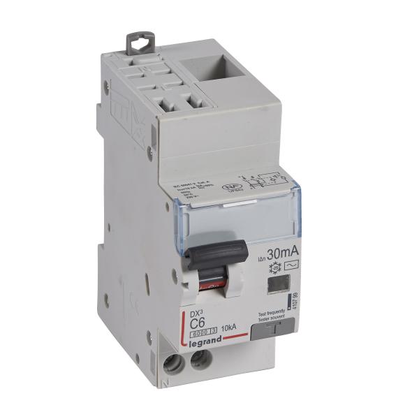 Photo Disjoncteur diffrentiel monobloc DX6000 10kA arrive haute automatique dpart bas vis U+N 230V~  -  6A  -  typeAC 30mA | Ref : 410799