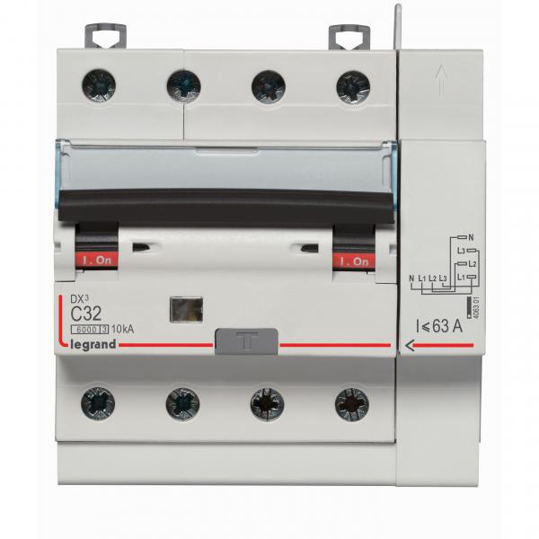 Photo Disjoncteur différentiel monobloc DX³6000 10kA arrivée haute vis départ haut automatique 4P 400V~ - 32A - typeAC 300mA | Ref : 411219