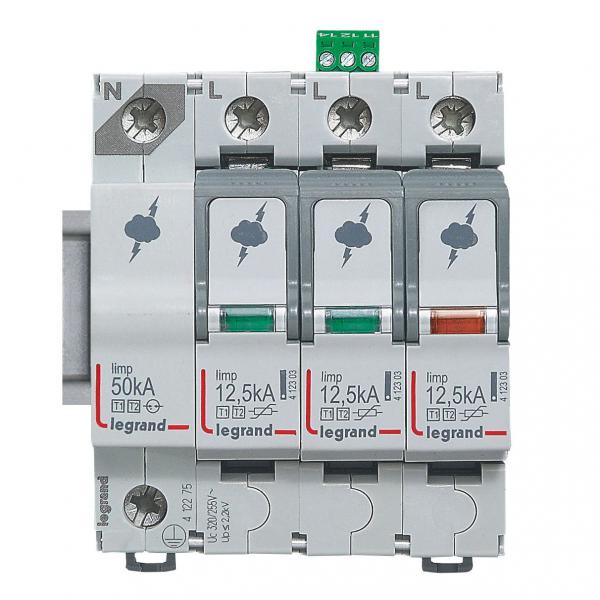 Photo Parafoudre pour protection gnerale de tableau principal typeT1 + typeT2 Iimp 12,5kA/ple  -  3P+N  -  4 modules | Ref : 412275