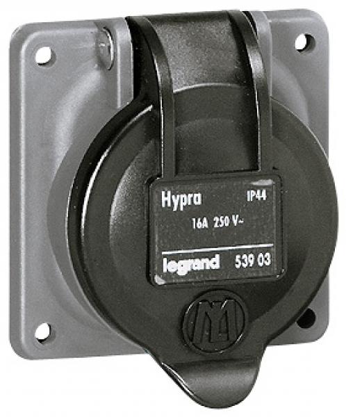 Photo Prise de courant fixe 2P+T à brochage domestique Hypra IP44  -  250V~  -  plastique | Ref : 053903