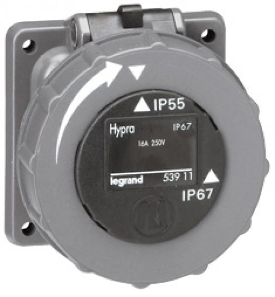 Photo Prise de courant fixe 2P+T  brochage domestique Hypra IP66/67 - 55  -  250V~  -  plastique | Ref : 053911