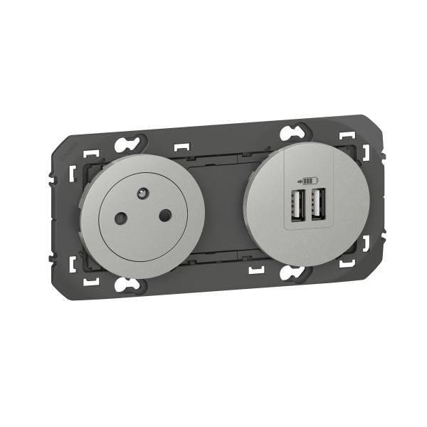 Photo Prise de courant 2P+T Surface + chargeur 2 USB Type - A dooxie 3A prcbls finition alu | Ref : 600442