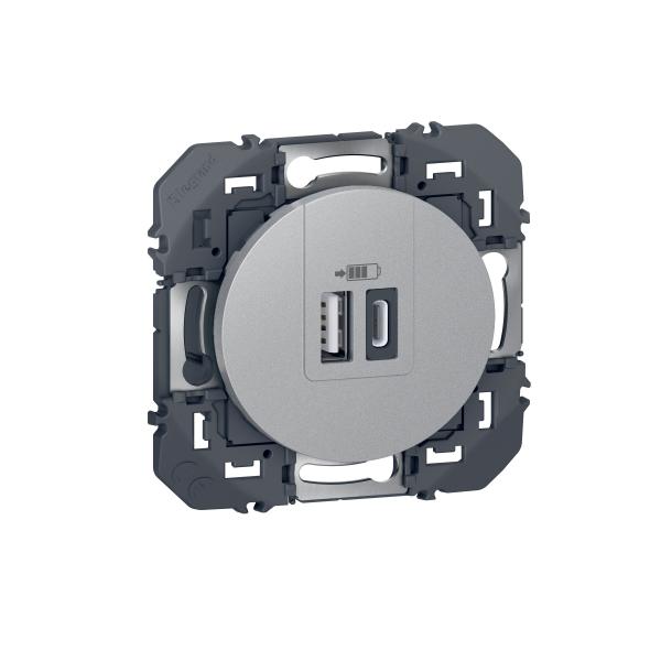 Photo Double chargeur USB 1 Type - A + 1 Type - C dooxie 3A finition alu | Ref : 600449