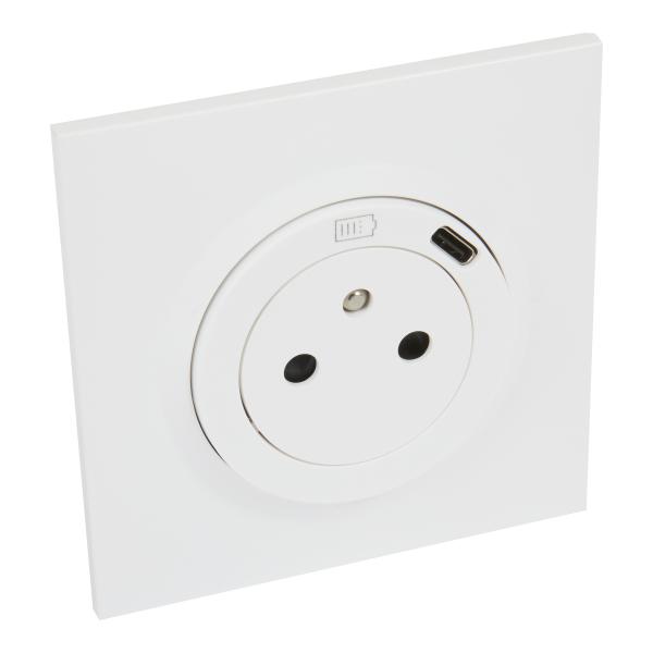 Photo Prise de courant 2P+T Surface avec chargeur Type-C dooxie one livre avec plaque carre blanche et griffes | Ref : 600741