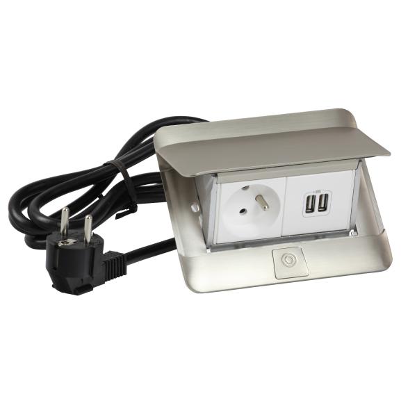 Photo Pop up mobilier pr - cbl avec 1 prise 2P+T 16A 250V~ et 1 chargeur double USB 2,4A  -  inox mat | Ref : 654007