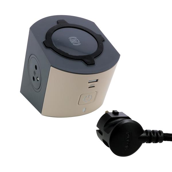 Vignette 2 produit Station de charge 2x2P+T. chargeur sans fil. USB A+C et cordon 2m - taupe/gris | Ref : 049402