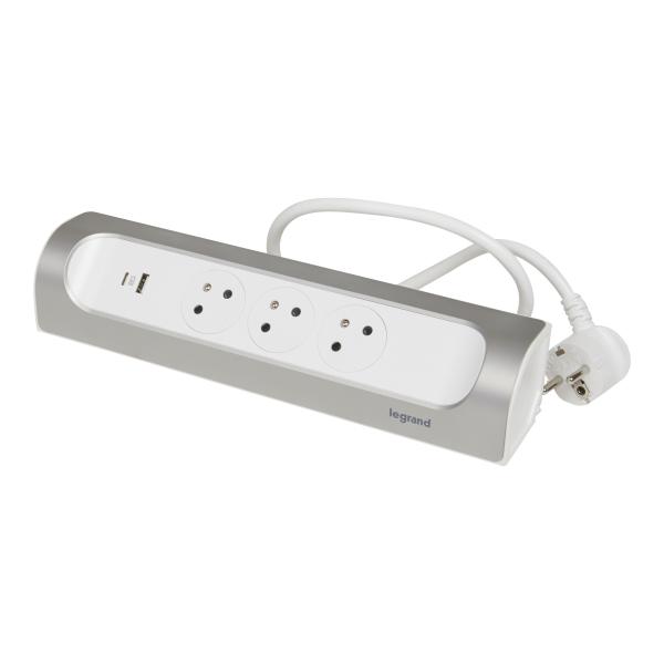 Vignette 2 produit Rallonge d\'angle 3x2P+T Surface et USB A+C avec cordon 1m - blanc/alu | Ref : 049406