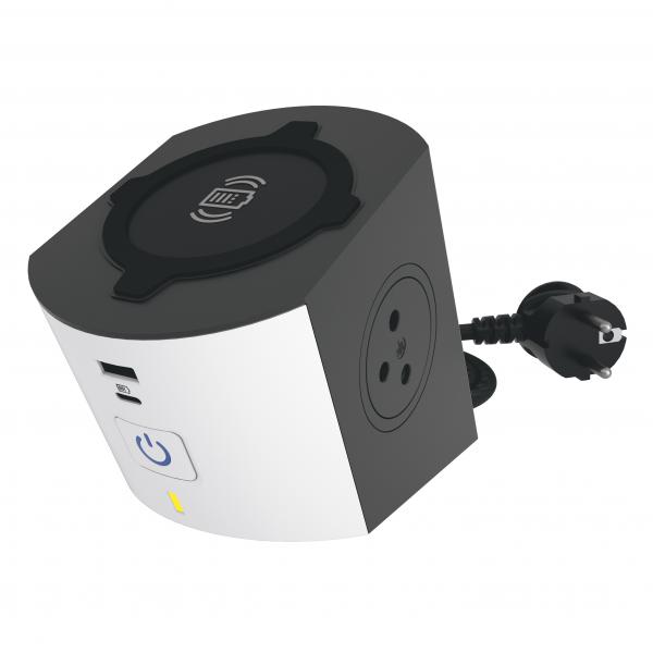 Vignette 2 produit Station de charge 2x2P+T. chargeur sans fil . USB A+C et cordon 2m - blanc/gris | Ref : 049412