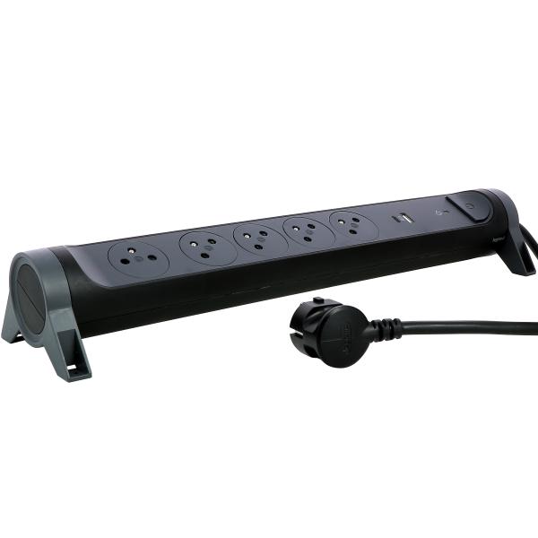 Vignette 2 produit Rallonge 5x2P+T Surface. inter. parafoudre. USB A+C et cordon 1.5m - noir/gris | Ref : 049429