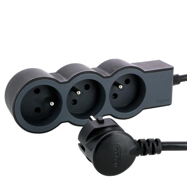 Vignette 2 produit Rallonge 3x2P+T avec cordon 1.5m 3G 1mm - noir/gris fonc | Ref : 049472