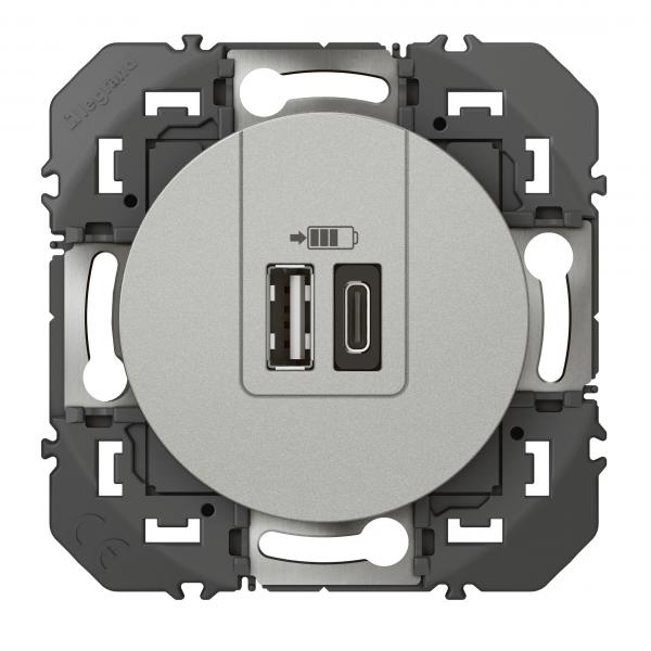 Vignette 2 produit Double chargeur USB 1 Type - A + 1 Type - C dooxie 3A finition alu | Ref : 600449