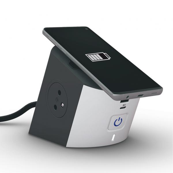 Vignette 3 produit Ref : 049412 | Station de charge 2x2P+T. chargeur sans fil . USB A+C et cordon 2m - blanc/gris