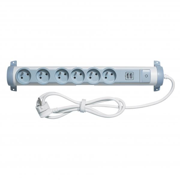 Vignette 3 produit Ref : 050392 | Rallonge 6 prises de courant + 2 chargeurs USB - Blanc/Gris