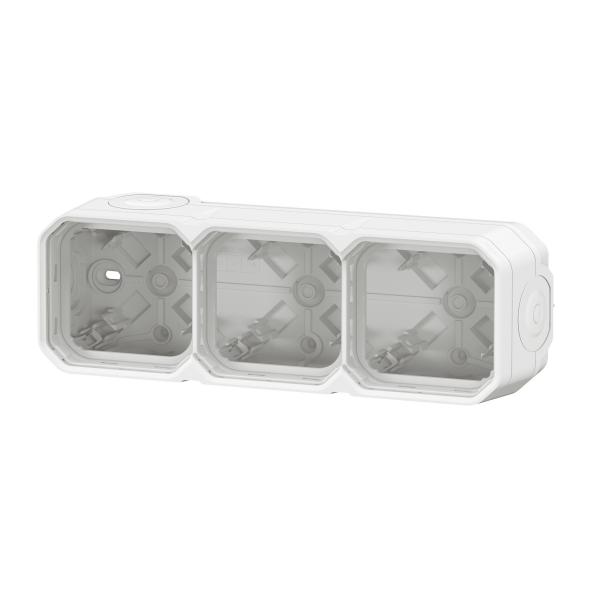Vignette 3 produit Ref : 069688L | Botier saillie  embouts 3 postes horizontaux et verticaux Plexo blanc