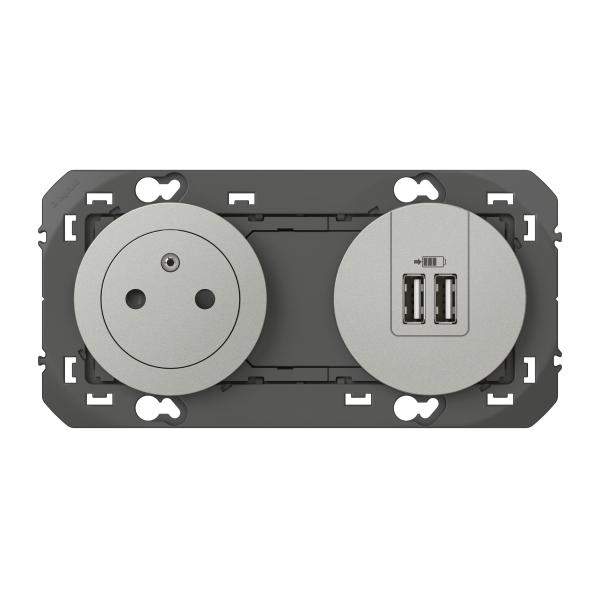 Vignette 3 produit Ref : 600442 | Prise de courant 2P+T Surface + chargeur 2 USB Type - A dooxie 3A prcbls finition alu