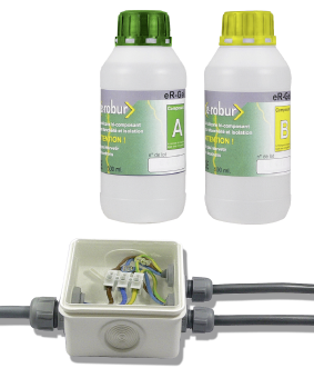 Photo Gel silicone bi-composant pour l'étanchéité et l'isolation des boites de dérivation. Réaccessible. Kit de 2 bouteilles de 0,5 l. | Ref : 231002