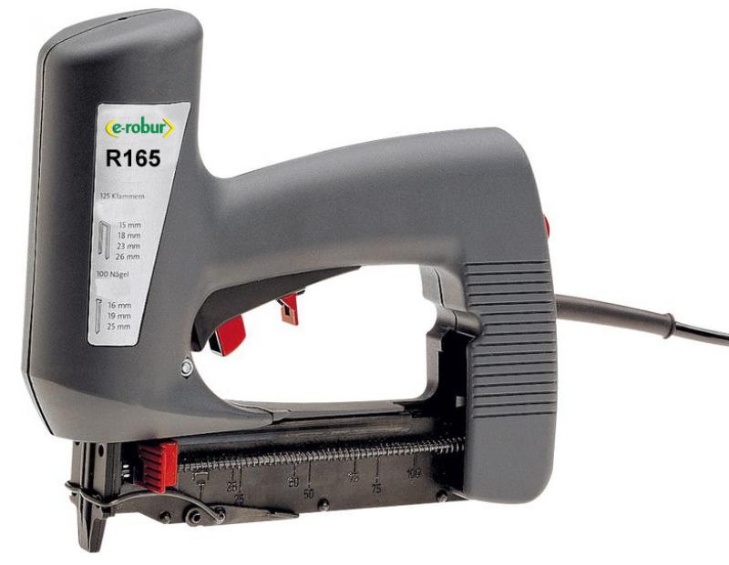 Photo Agrafeuse cloueuse �lectrique. R�glage �lectronique de la puissance. Utilise des agrafes �troites de 15-26 mm et des clous 16-25 mm. Bec �troit pour goulottes et plinthes. Livr�e en coffret plastique. | Ref : 355021